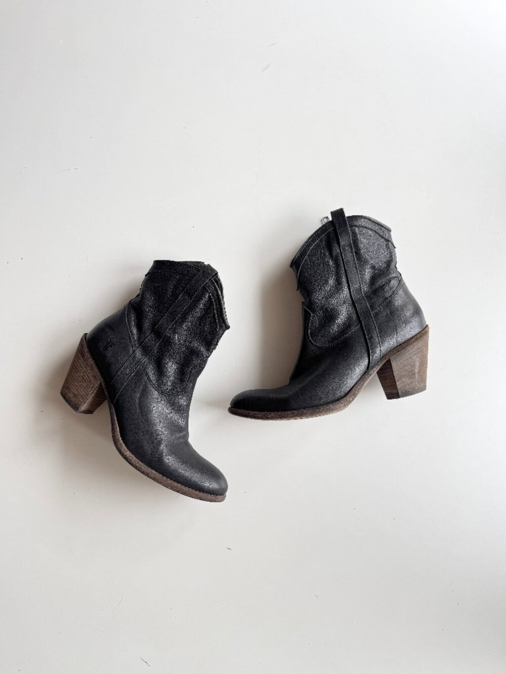 FRYE Black Leather High Heel Shortie Western Ankle Boots, Size 7.5